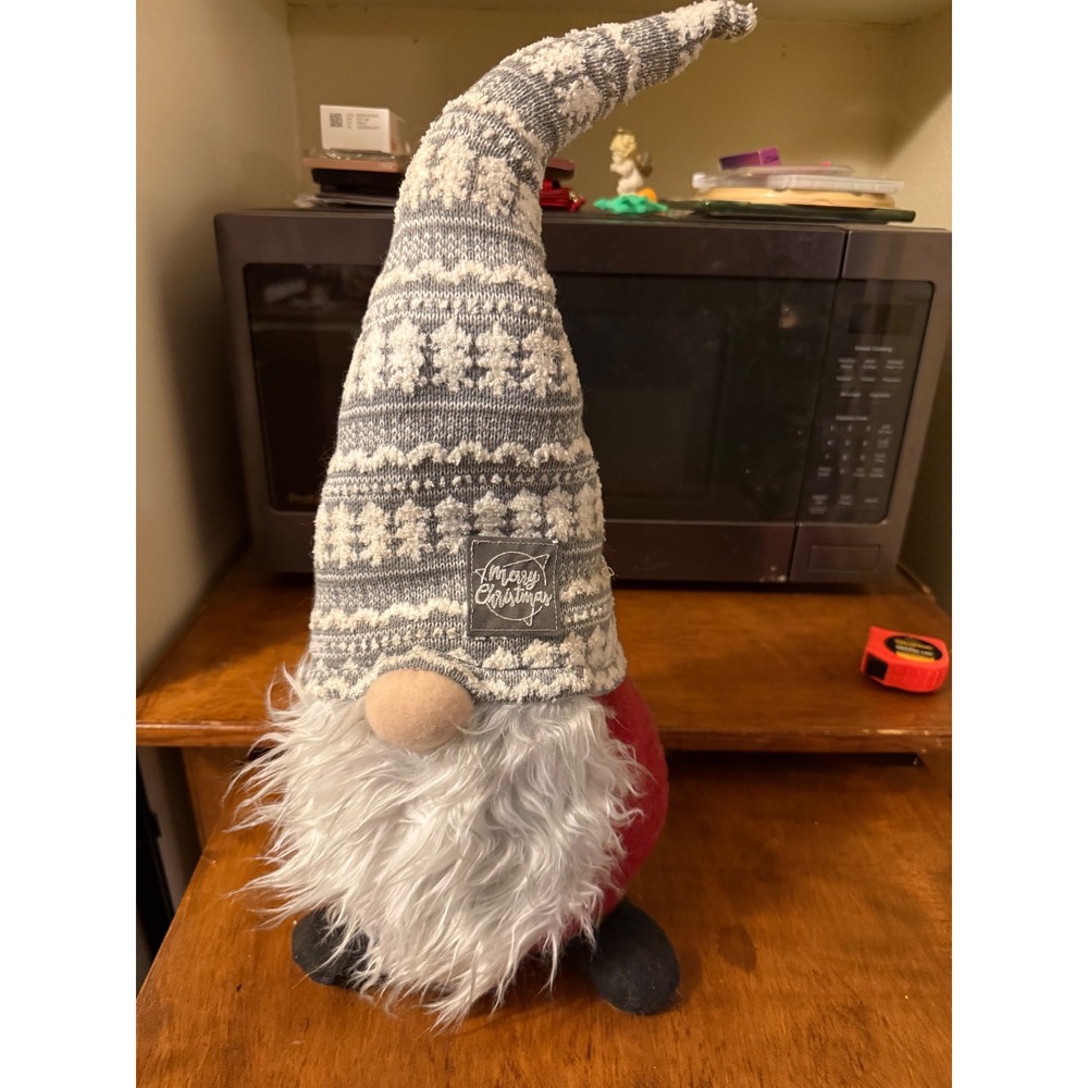 Merry Christmas Plush Gnome Holiday Decor Gray Fair Isle Knit Hat Red Body 18in